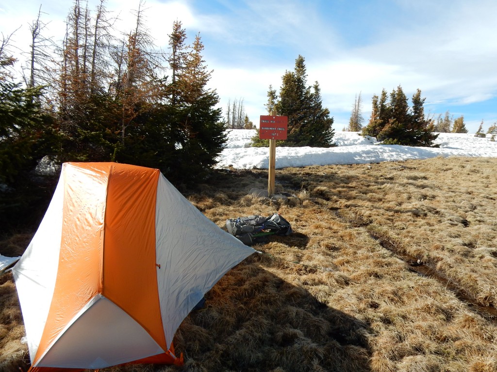 Campsite after the first day out of Cumbres Pass., The sign warms of dangerous conditions.
